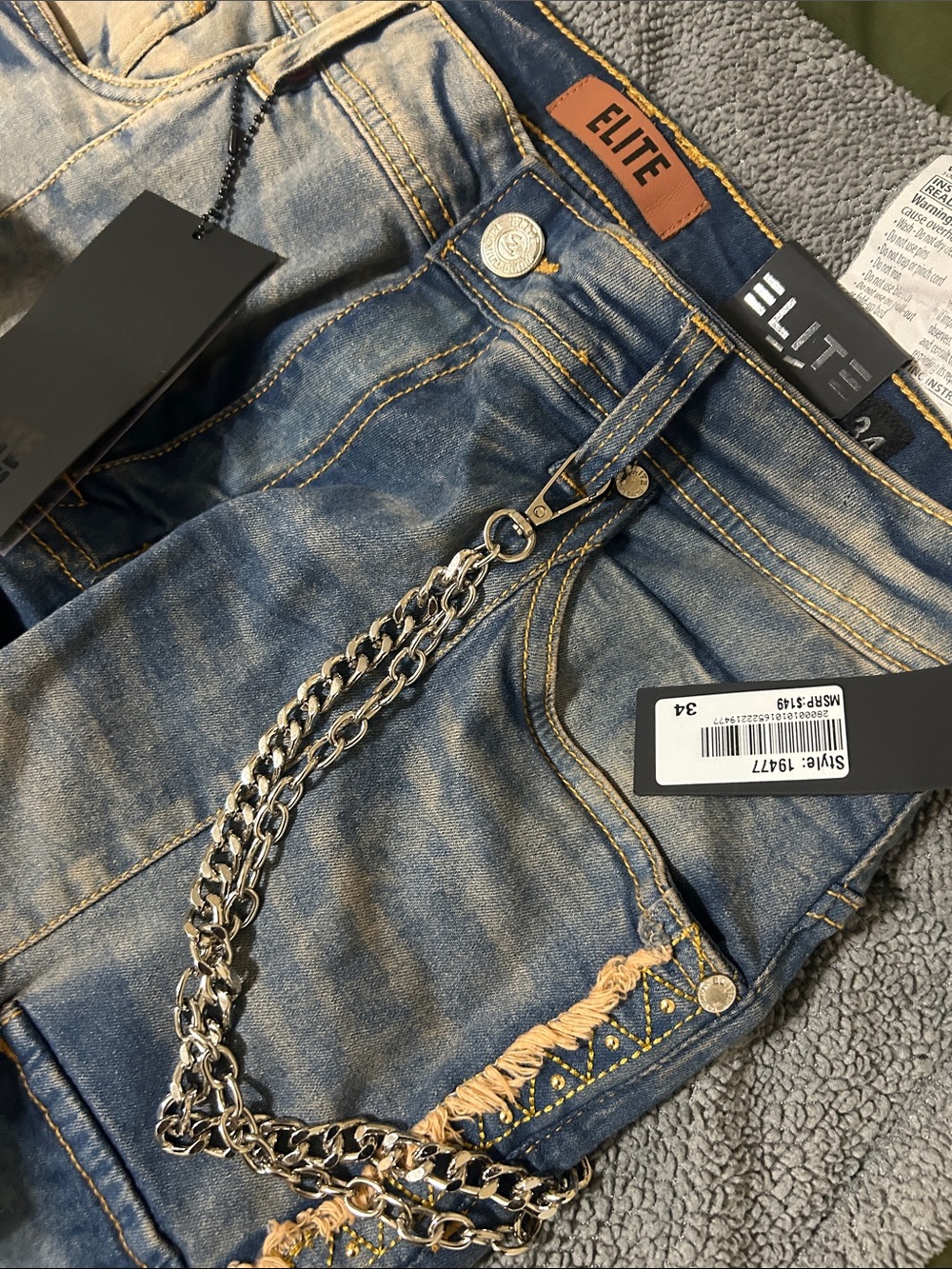 Men's Blue Distressed Bootcut Cargo Jeans with Stud and Flame Detail - Picture 2 of 5